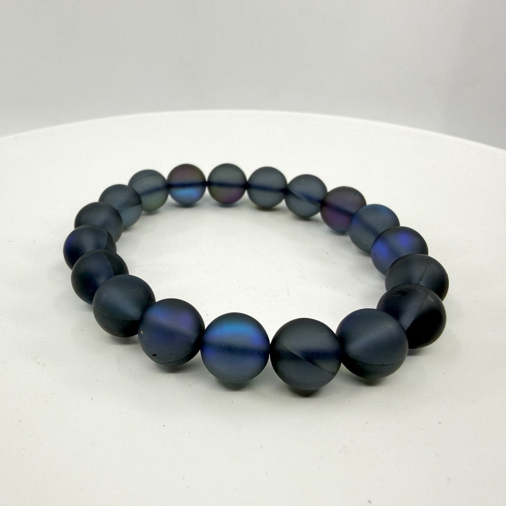 Matte Blue Iridescent Bead Bracelet Celestial Statement Stretch Stackable Piece